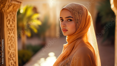 Elegant model in hijab stares serenely