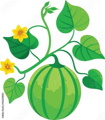 A vibrant green watermelon plant with yellow flowers and lush leaves