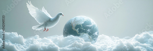 White dove fly in the clouds in front of planet Earth, representing peace and planetary protection. The composition embodied environmental preservation and the celebration of Earth Day.