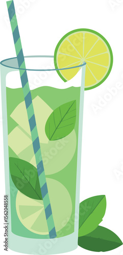 Refreshing green cocktail with lime and mint on a white background