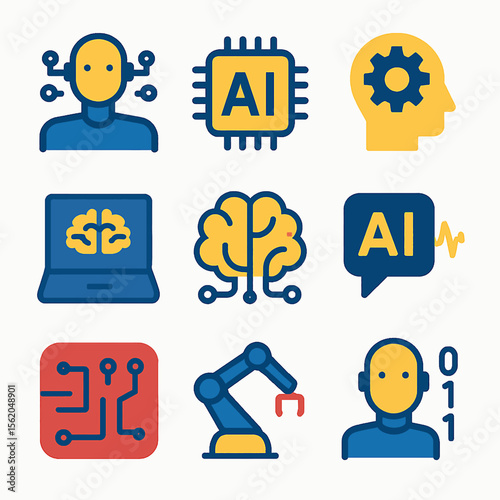 Artificial intelligence vector icons depicting robotic technology and machine learning