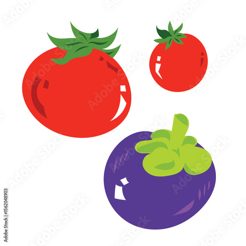 Tomatoes and mangosteen raw healthy yummy food colorful simple illustration drawing isolated on square white background.
