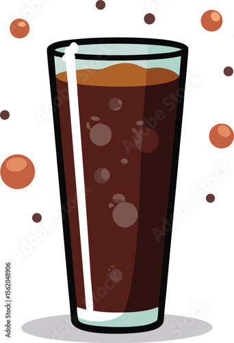 Refreshing glass of dark soda with bubbles and floating spheres