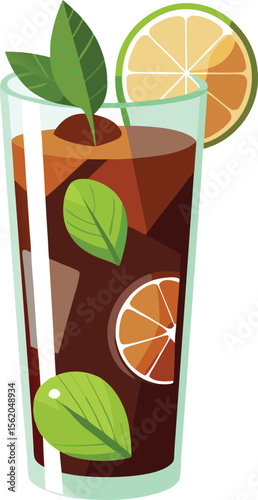 Refreshing iced cola drink with mint leaves and lime slices in a tall glass