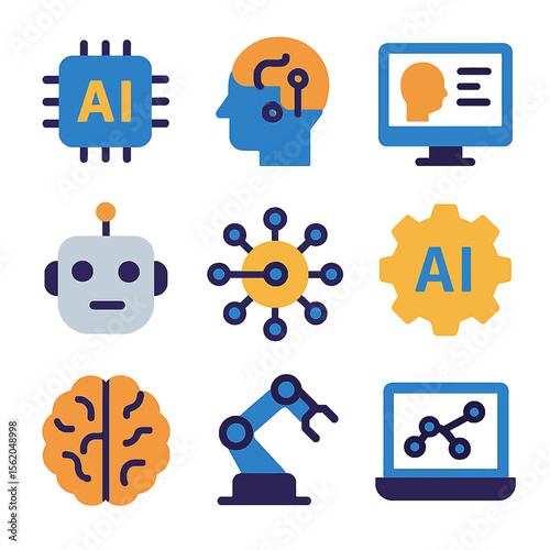 Collection of flat icons representing various aspects of artificial intelligence, including AI chip, human head with neural connections, computer screen, rob...