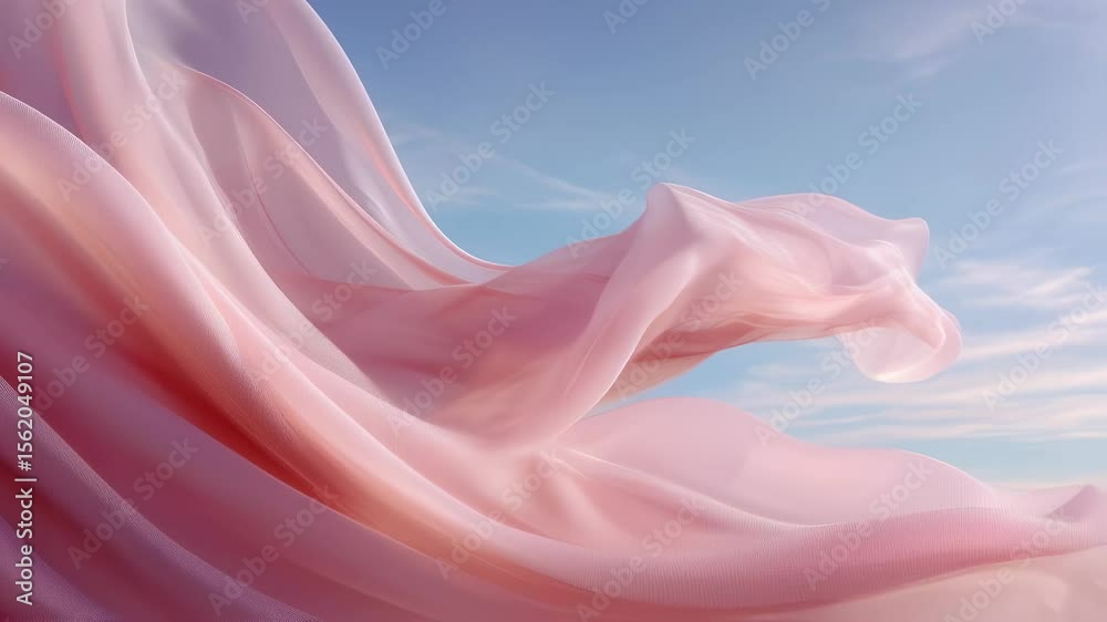 Light pink fabric gently blowing in the wind, creating elegant folds and curves against a serene sky background. The soft and airy nature of the fabric evokes a sense of grace and movement