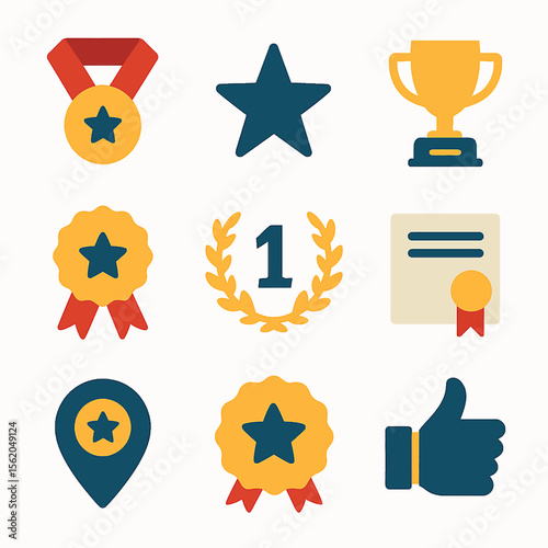 Assorted awards and achievements symbols featuring a medal, trophy, and laurel wreath