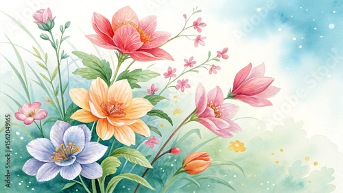 watercolor vibrant colorful flowers on pastel background