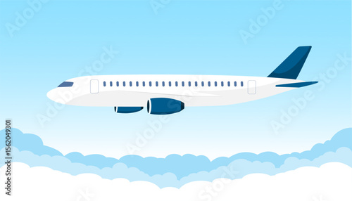 Airplane flying over the clouds in flat style. Plane fly in blue sky. Vector stock