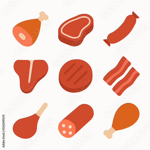 Assorted meat products including steak, sausage, bacon, and chicken drumsticks vector illustration