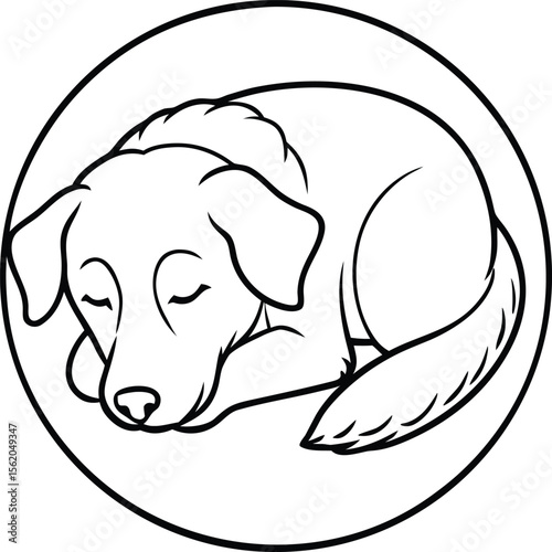 Peaceful Sleeping Dog Illustration Curled Up in Cozy Position, Sleeping Dog Drawing, Cute Curled Puppy Clipart, Calm Dog Cartoon