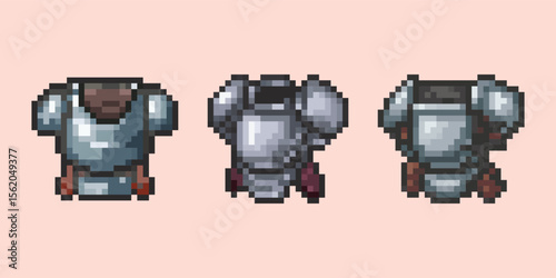 Pixel Art Knight Armor Set RPG Character Equipment. A collection of 8-bit style pixel art armor icons, showcasing a metal breastplate for a knight, warrior, or fantasy character.