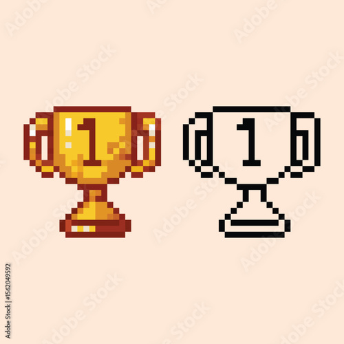 Pixel Art Trophy Icon First Place Winner Award. A set of 8-bit style pixel art trophy icons, featuring a golden cup for the first place winner.