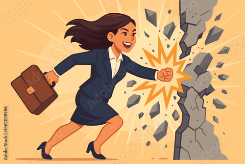 Powerful businesswoman punching a wall and breaking barriers. Metaphor for success, overcoming obstacles, and smashing the glass ceiling. Female empowerment and leadership concept.