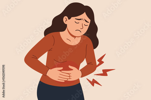 Woman suffering from severe abdominal pain. Unhappy girl holding her belly due to stomachache, menstrual cramps or period pain. PMS, gastritis, indigestion vector concept.