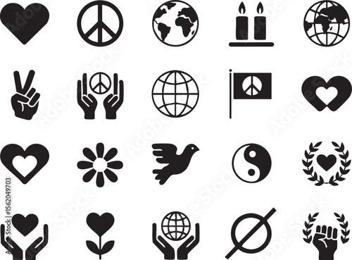 Collection of black icons representing peace love unity and global harmony