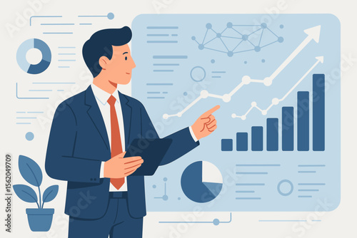 Businessman analyzing market and business growth data using AI technology. Financial expert presenting statistics on a digital dashboard with charts and graphs. Success strategy. Vector.
