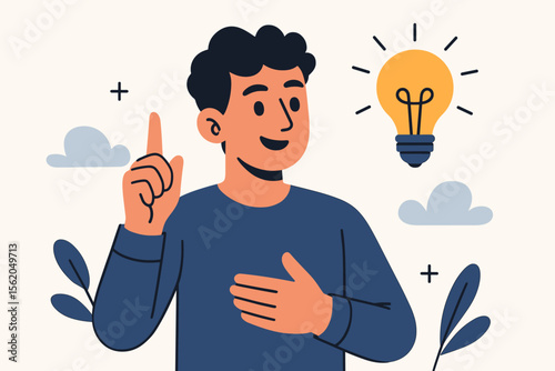 Man with creative idea concept. Happy young person pointing finger up with a glowing light bulb. Symbol of innovation, inspiration, problem-solving, eureka moment, thinking, and brainstorming.