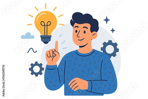 Man has a creative idea. Happy person with light bulb thinking about a solution. Concept of innovation, inspiration and problem solving. Brainstorming and eureka moment vector.