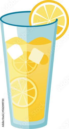 Refreshing tall glass of lemonade with ice and lemon slices