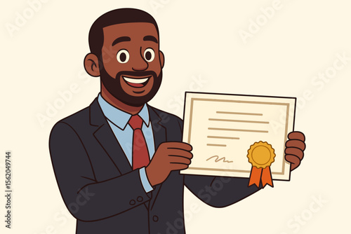 Proud smiling African American businessman holding a certificate of achievement. Happy black man in a suit with a diploma. Concept of success, award, career goal, and graduation.