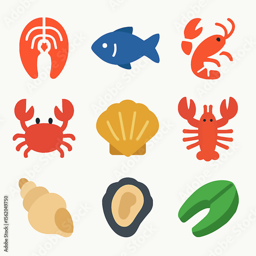 Assortment of colorful seafood icons showcasing ocean's bounty and culinary delights