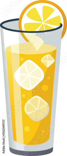 Refreshing glass of iced lemonade with lemon slices and bubbles