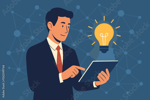 Businessman holding a digital tablet with a glowing light bulb. Concept for innovation, ideas, creativity, and solutions. Network connectivity background for technology and science.