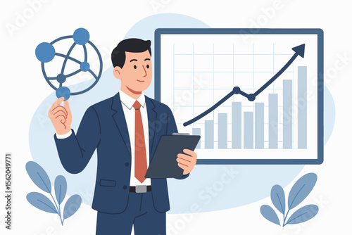 Businessman analyzing sales data on an economic growth graph chart. Financial analyst with global network connection. Concept of business intelligence, market strategy and success.