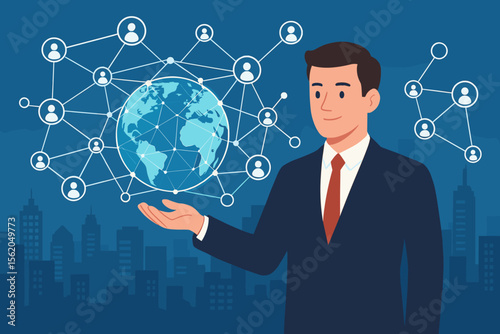 Businessman holding a global digital network and customer data connection. Social media and data exchange technology concept. World communication and networking structure over city.