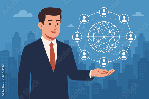 Businessman holding global digital network for customer connection and data exchange. Social media communication and technology concept. Networking structure over a blue city background.