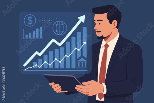 Businessman holding tablet analyzing stock market data on a virtual screen. Financial technology concept with a hologram graph, currency exchange, and banking for global business growth.