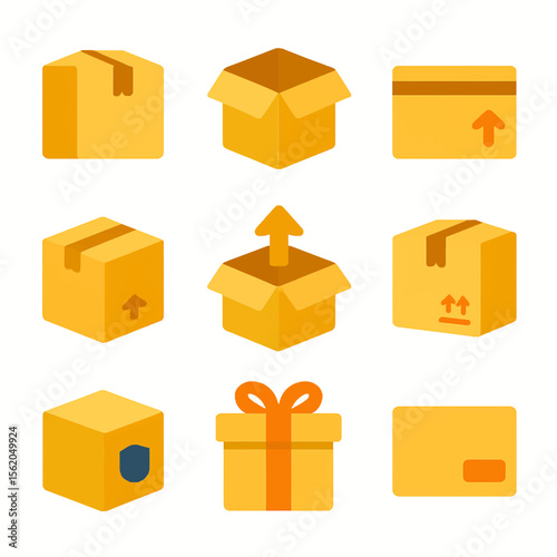 Assortment of shipping boxes and gift box illustrations in vibrant yellow tones