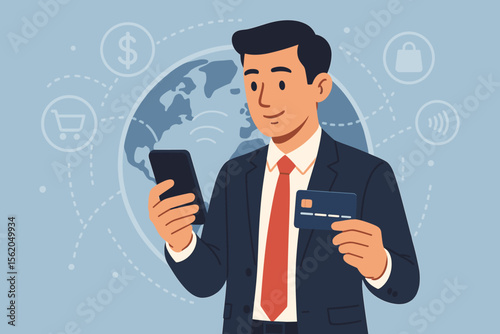 Online payment concept. Businessman with mobile phone and credit card making digital transaction. E-commerce, online banking, global shopping network and fintech vector illustration.