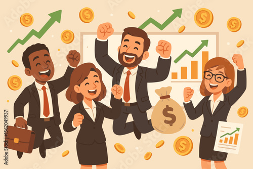 Happy diverse business team celebrating financial success. Cheerful colleagues jumping for joy, achieving profit growth goals. Vector cartoon illustration of teamwork and hitting sales targets.