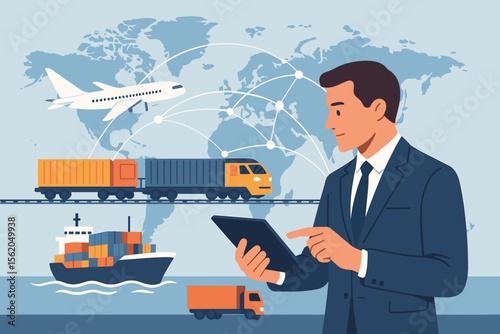 Businessman managing global logistics network and supply chain with a tablet. Smart transportation for import export and freight distribution with cargo plane, train, ship, and truck.