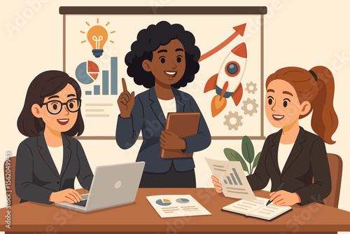 Diverse team of businesswomen in meeting, strategizing for successful startup launch. Concept of collaboration, innovation, and growth with rocket and idea lightbulb vector.