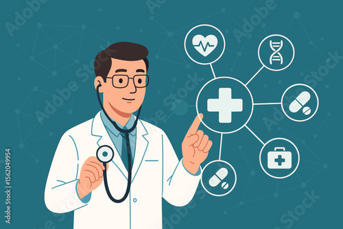 Cardiologist doctor with stethoscope touching medical icon network on a virtual screen. Telemedicine, healthcare technology, online diagnosis, and patient care innovation concept.