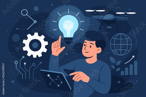 Innovation and technology concept vector. Creative engineer with lightbulb idea for startup. Man using tablet for business development, drone tech, AI, and global data analytics growth.