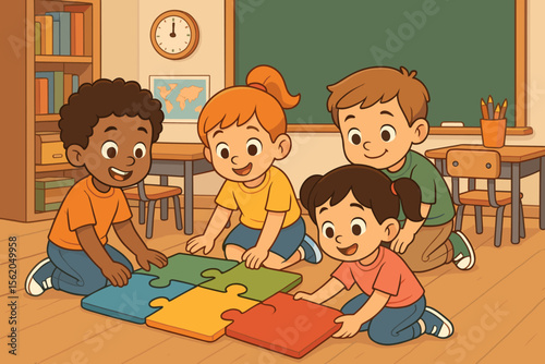 Diverse group of children cooperating to solve a large jigsaw puzzle in a classroom. Concept of teamwork, educational activity, childhood development, and collaborative learning.