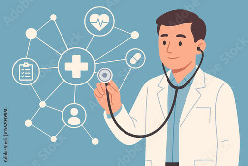 Doctor with stethoscope interacts with medical icon network on a virtual screen. Healthcare technology, telemedicine, and E-health concept. Cardiologist, patient care, digital record.