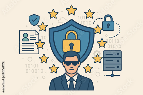 GDPR General Data Protection Regulation concept illustration. Personal data security and internet privacy compliance. Cybersecurity technology with shield, padlock, server, EU stars.