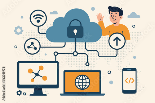 Cloud technology internet networking concept. Man with secure cloud computing for data storage, web development, and information transfer. Modern flat vector cartoon illustration.