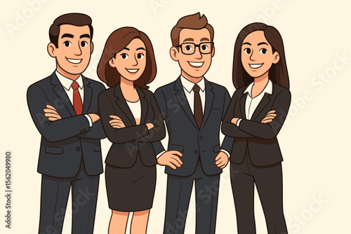 Group of confident business people vector illustration. Successful corporate team of men and women smiling. Professional office workers, colleagues, managers. Teamwork concept.