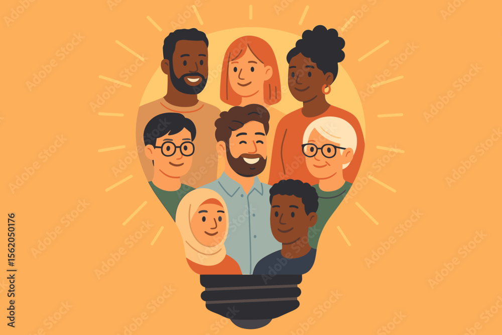 Diverse group of people forming a light bulb shape. Concept of teamwork, collaboration, creativity, innovation, and brainstorming. Multicultural team with a collective idea. Diversity.