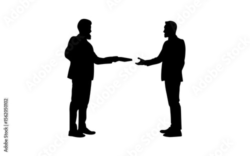 Businessmen in silhouette exchange a handshake, symbolizing a professional agreement.