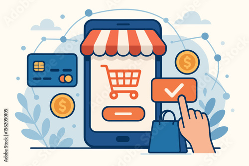 E-commerce and online shopping concept with smartphone as an internet store. Hand confirming purchase on screen. Digital payment, secure transaction, mobile banking vector illustration.