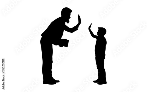 A powerful silhouette of a large, adult male figure and a smaller child, both raising their hands.