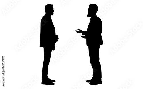 Silhouette of two men in business suits, standing apart, seemingly conversing.