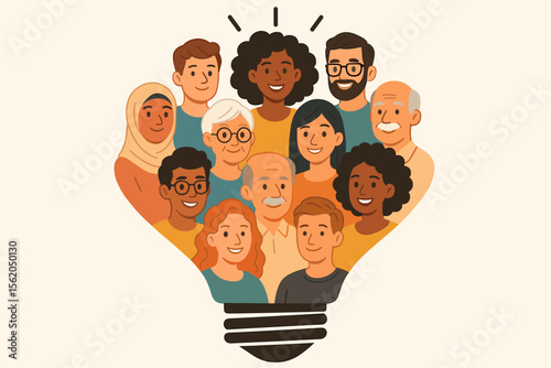 Diverse group of people forming a light bulb shape. Concept of teamwork, collaboration, creative idea, and innovation. Multicultural community brainstorming for a brilliant solution.